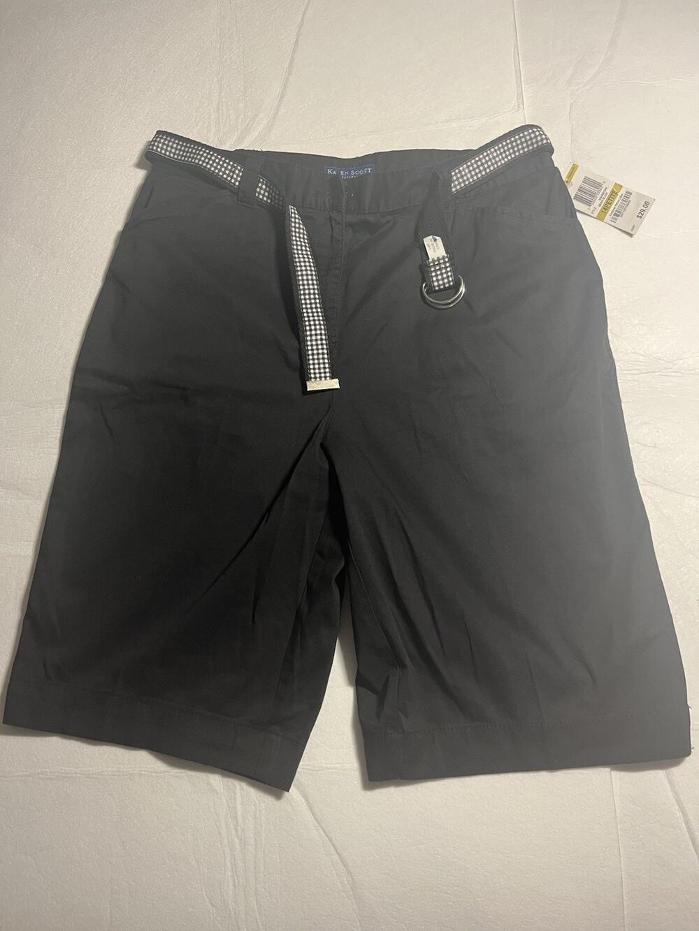 Karen Scott Womens 14P Petite Black Bermuda Shorts Belted Cotton Stretch NWT